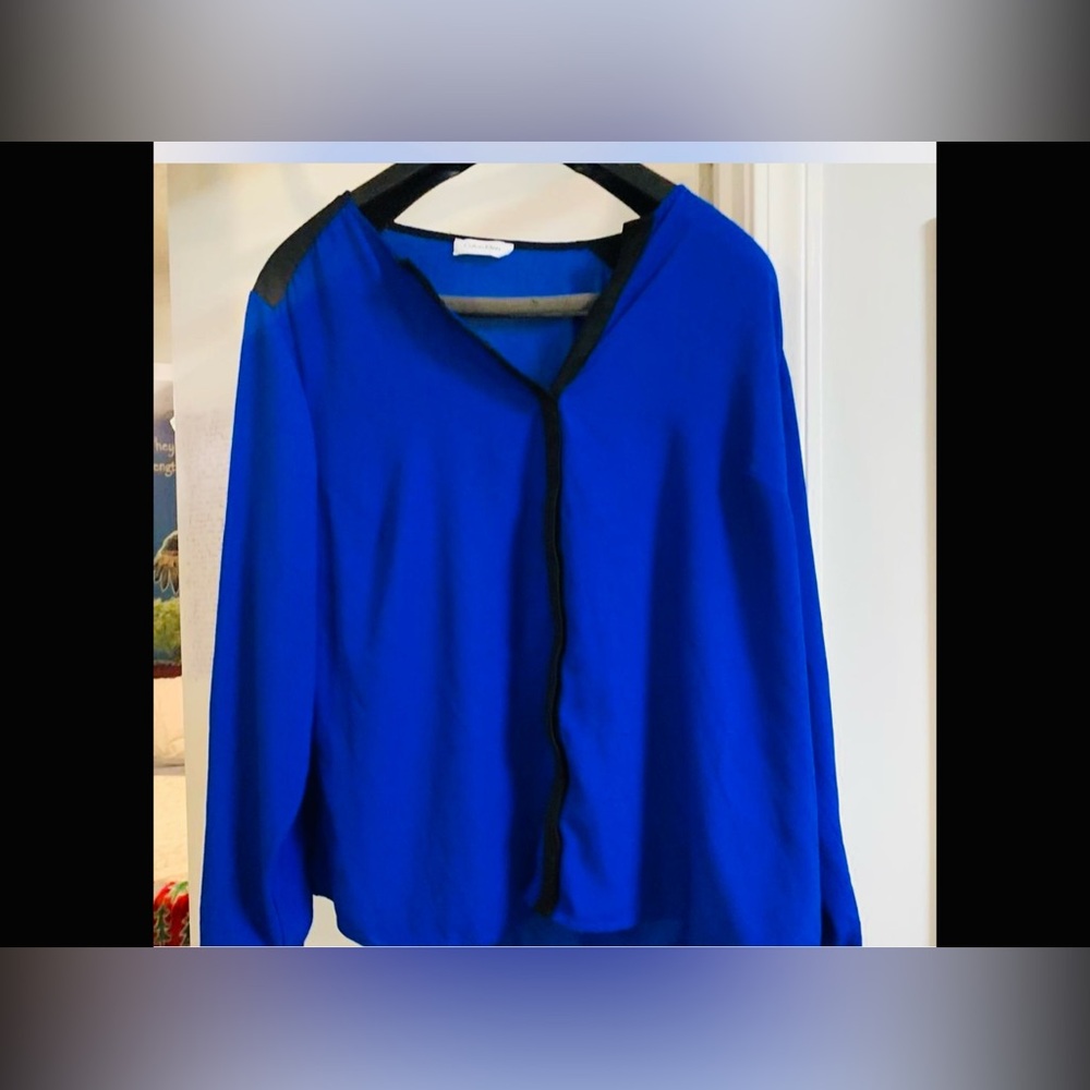 Calvin Klein Blue & Black Color block Dress Blouse Long Sleeve Top,‎ M
